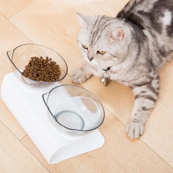 

cat non-slip double bowl with 15Â° slant support, cute cat-shaped cervical protection, black/white/transparent bowls & feeders
