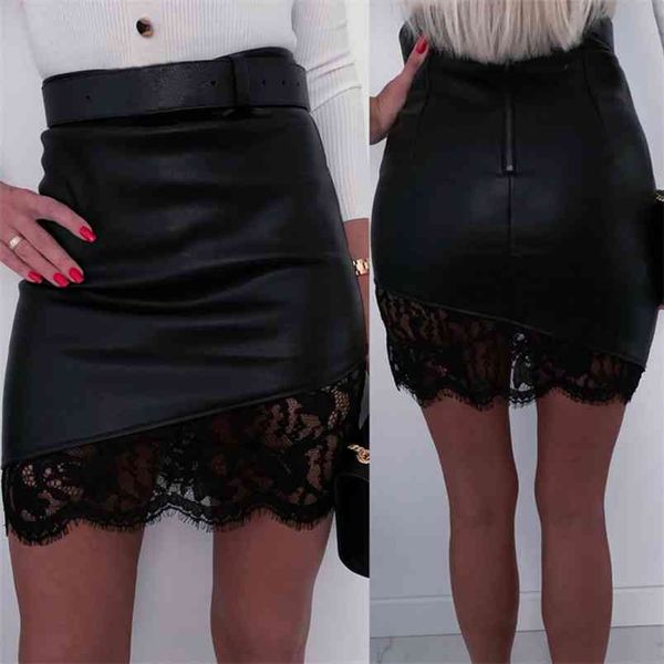 

women pencil skirt mini black lace fashion girls pu faux leather zipper uniform pleated tight slim sale streetwear 210522