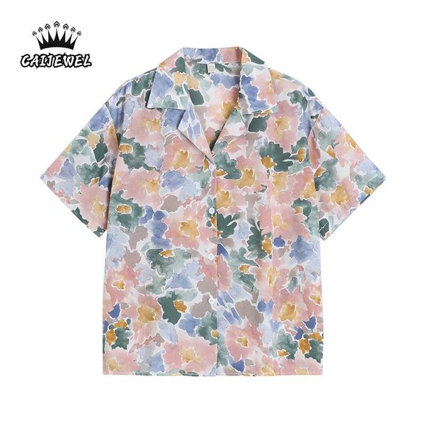 

women's blouses & shirts 2021 summer tie dye streetwear vintage printing short sleeves v neck harajuku button up baggy ladies blouse, White
