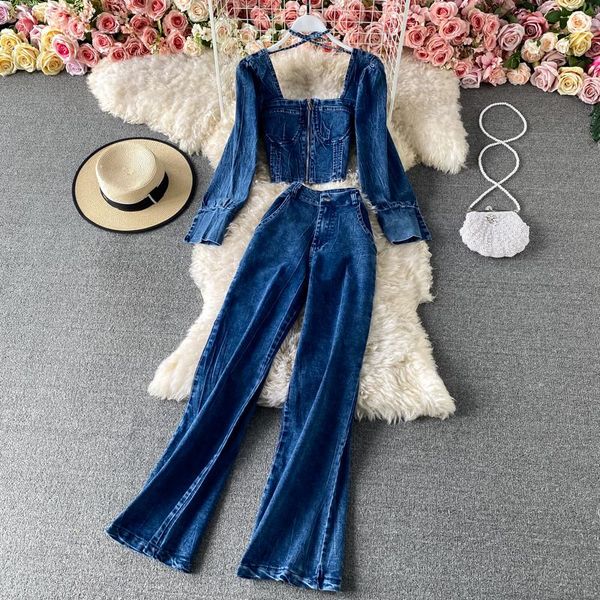 

women's two piece pants fashion spring autumn jeans suits bandage square collar denim croppe+high waist clothes sets, White