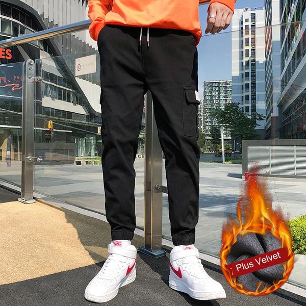 

men's fleece cargo pants winter thick warm full length multi pocket casual military baggy tactical trousers plus size 3xl, Black