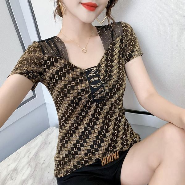 

women's t-shirt women short sleeve 2021 summer v-neck patchwork mesh shirt elegant slim diamond female tees, White