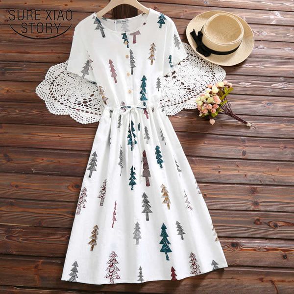 

the fashion of short-sleeved dress with waist-retracted tie cotton and linen round tie women's derss in summer 4616 50 210527, Black;gray