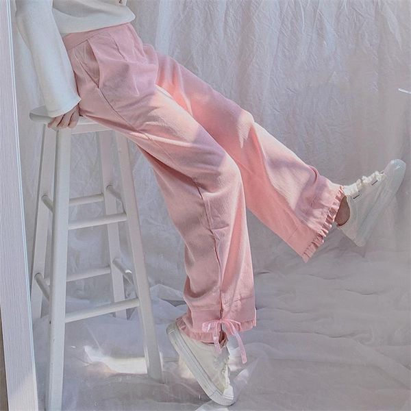 

soft girl kawaii pink corduroy pants women trousers harajuku baggy high waist casual vintage ruffle straight wide legs bottoms women's, Black;white