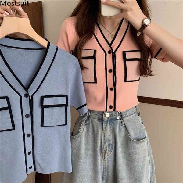 

summer vintage kintted cardigan women's sweater v-neck single breasted pockets korean style elegant female clothing 210513, White;black