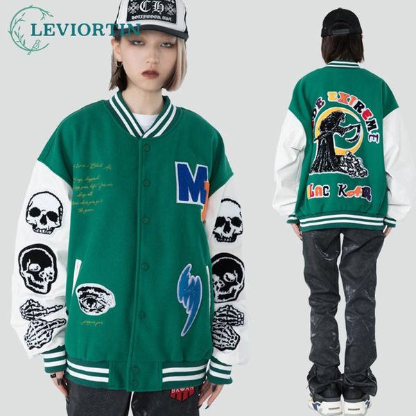 

women's jackets 2021 streetwear women baseball coat bomber jacket hip hop harajuku armband skull letter embroidery cotton outwear unise, Black;brown