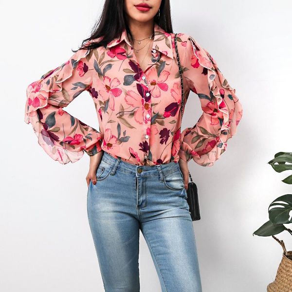 

fashion floral print chiffon shirt women elegant ruffles sleeve turn-down collar female vintage singer-breasted blouse 2021 women's blo, White