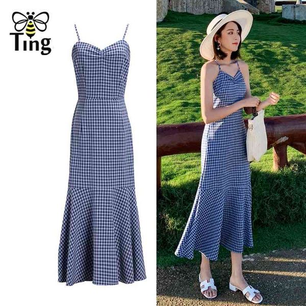 

fashion bohemian sleeveless plaid long dress women backless lace up strap mermaid maxi summer beach vestidos 210513, Black;gray