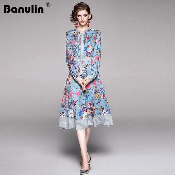 

spring summer fall runway baroque floral print bow tie neck long sleeve empire waist women ladies' casual a-line midi dress dresses, Black;gray