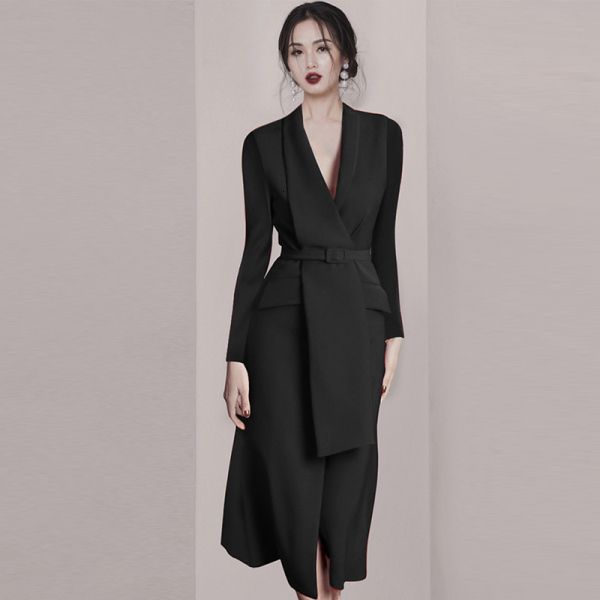 

dresses runway women red es spring vintage sleeve belt slim blazer ladies v-neck elegant office party long, Black;gray