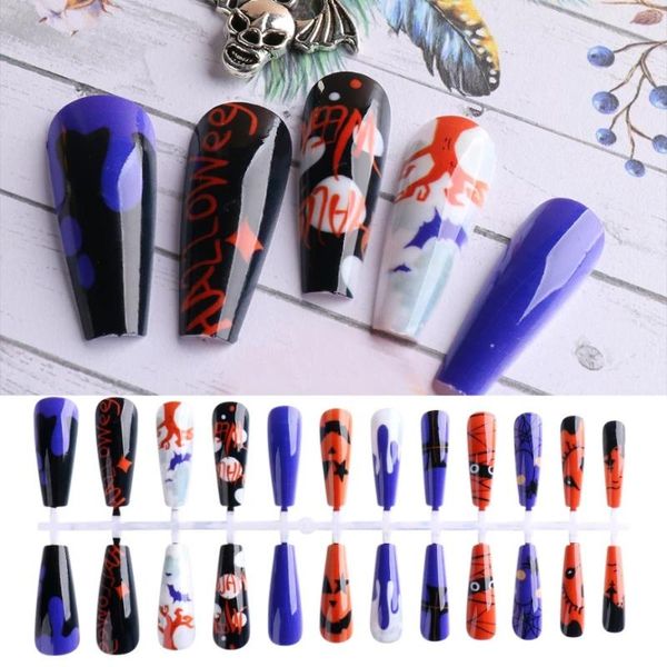 

false nails 24pcs/set halloween painted removable piece ghost head tip nail pre design acrylic full cover fake decoration, Red;gold
