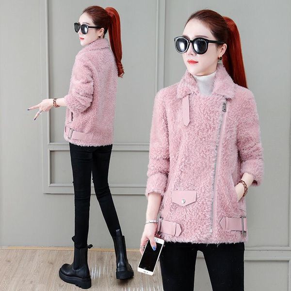 

women's wool & blends winter fur one piece woollen overcoat for women medium length korean style diagonal zipper design warm co, Black