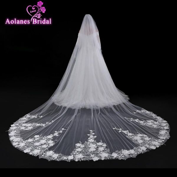 

bridal veils 5 meters veu de noiva 2021 appliques edge flowers tulle cathedral wedding long ivory accessories, Black