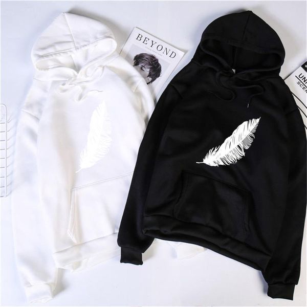 

women casual harajuku fashion hoodies feather print loose o-neck long sleeve elastic stretched autumn winter female women's & sweatshir, Black
