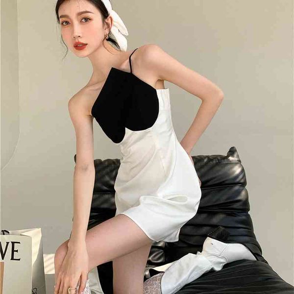 

casual dresses spade patchwork spaghetti strap cami summer 2021 tunic a line backless white ladies mini club chx8, Black;gray