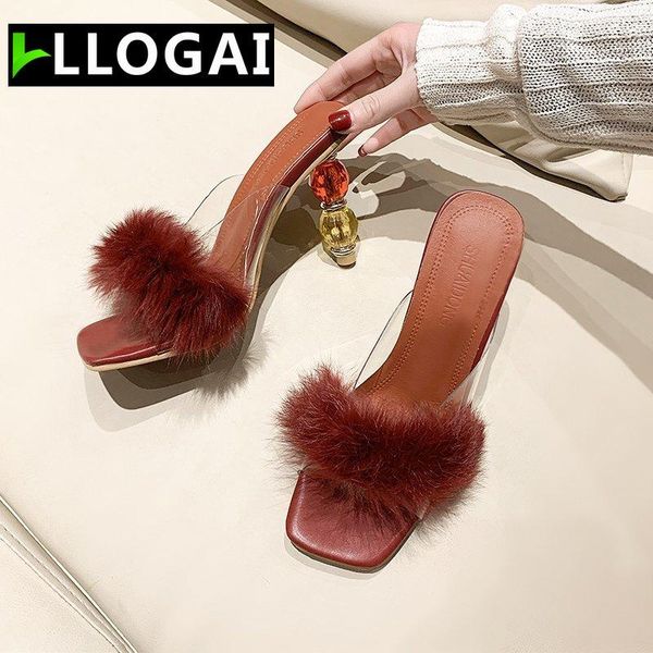

summer pumps women slippers sandals pvc transparent feather crystal high heels fur pointed toe mules slides furry, Black
