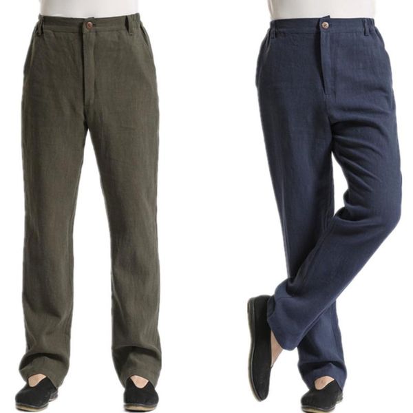 

autumn original design soft comfortable pure linen men's casual pants elastic waist natural pencil, Black