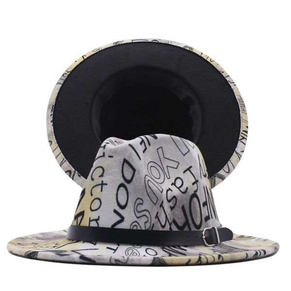 

wide brim hats women's 2021 digital printed wool men's fedora hat travel sun casual letter tie-dye jazz, Blue;gray