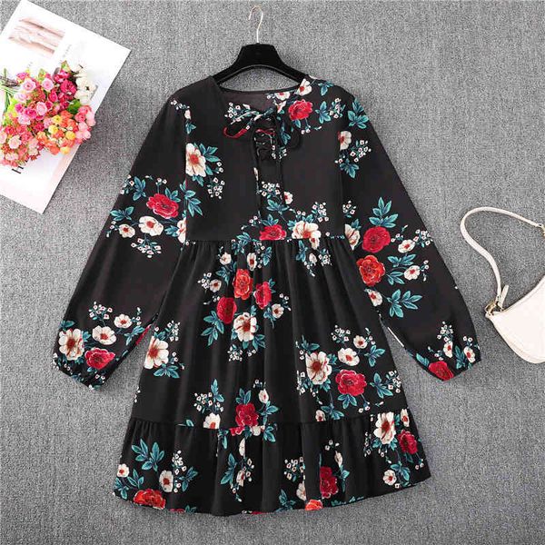 

spring autumn women's ruffles floral print dress ladies o-neck long sleeve high waist causal oversize chic 210520, Black;gray