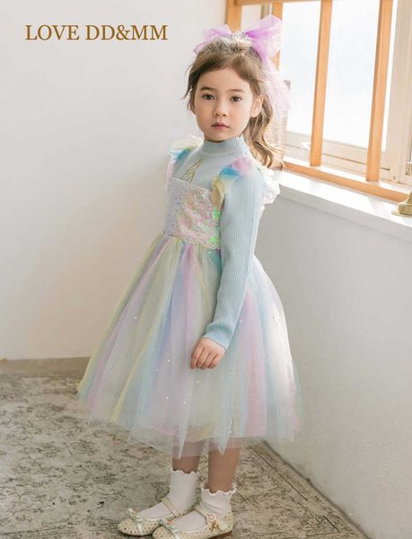 AMORE DDMM Ragazze Abiti Autunno Moda Abbigliamento per bambini Ricamo Paillettes Arcobaleno Maglia Garza Principessa Abito a maniche lunghe 210715