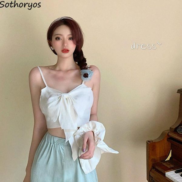 

women's tanks & camis women knitted bow spaghetti-strap stylish solid crop- slim elegant sweet lady comfortable trendy street-wear chic, White