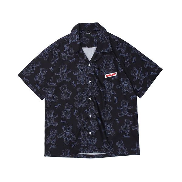 

men's casual shirts high street full bear print short sleeve hawaiian shirt men and women lapel oversize loose summer, White;black