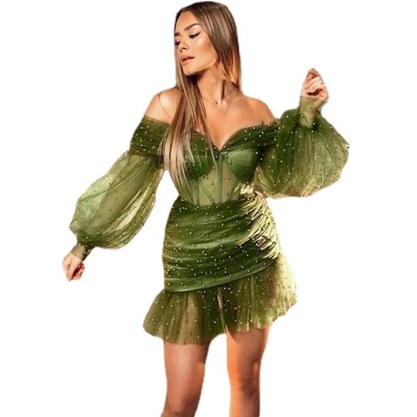 

casual dresses chic women green mini dress see through mesh beading bodycon off shoulder ruffles celebrity prom party vestido 2021 summ, Black;gray