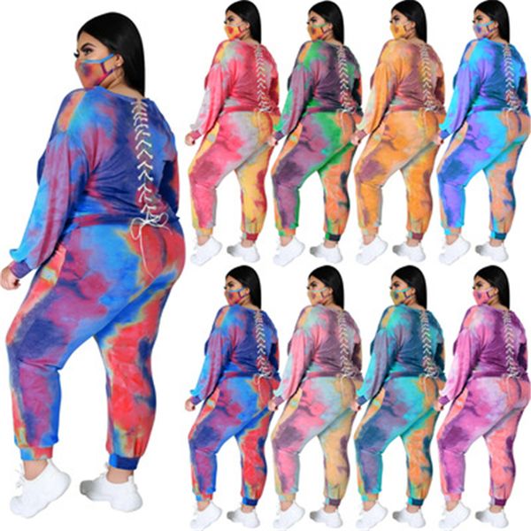 

womens tie-dye plus size tracksuits fashion trend long sleeve round neck trousers suits designer female bandage loose casual 3pcs sets, Gray