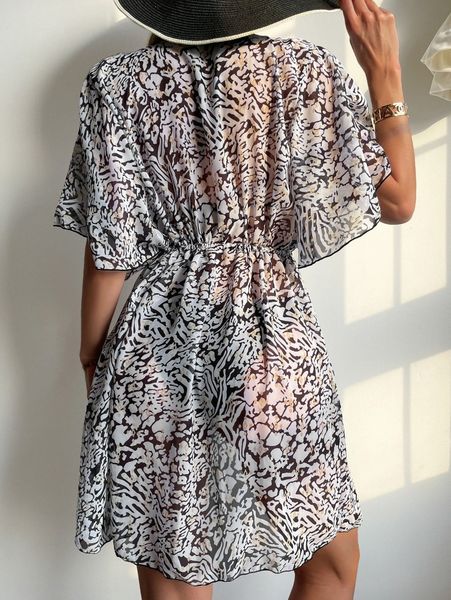 

allover print drawstring kimono t3pz#, White;black