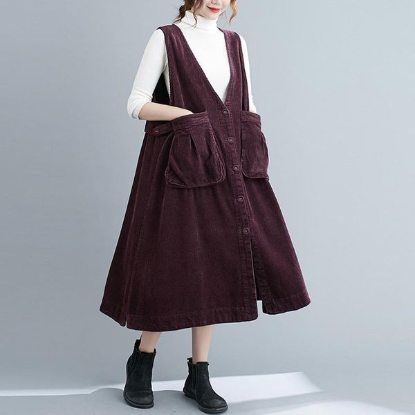 

casual dresses #4047 autumn winter corduroy women large size loose oversized dress woman pleated big pocket brown black retro, Black;gray