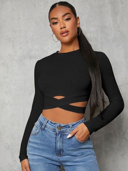 

solid crew neck criss cross crop tee s05w#, White