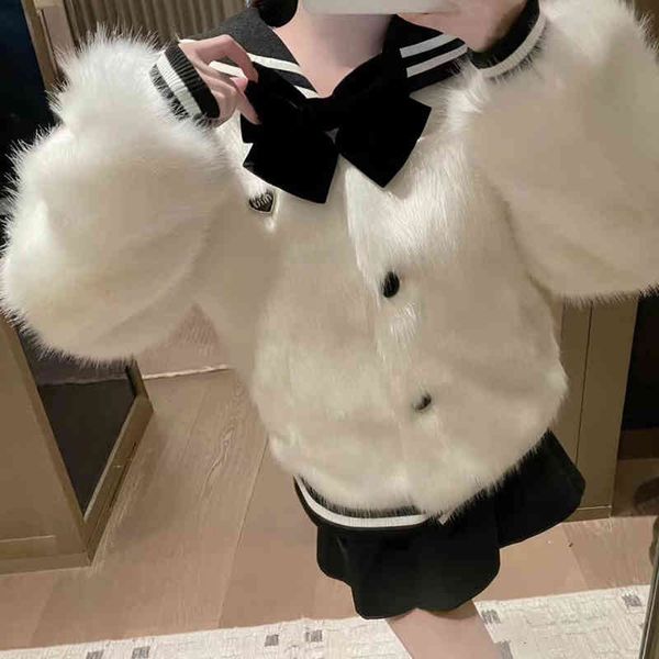 

women's down & parkas new sweet women clothes bowknot plush coat sailor collar loose fur keep warm alni, Black