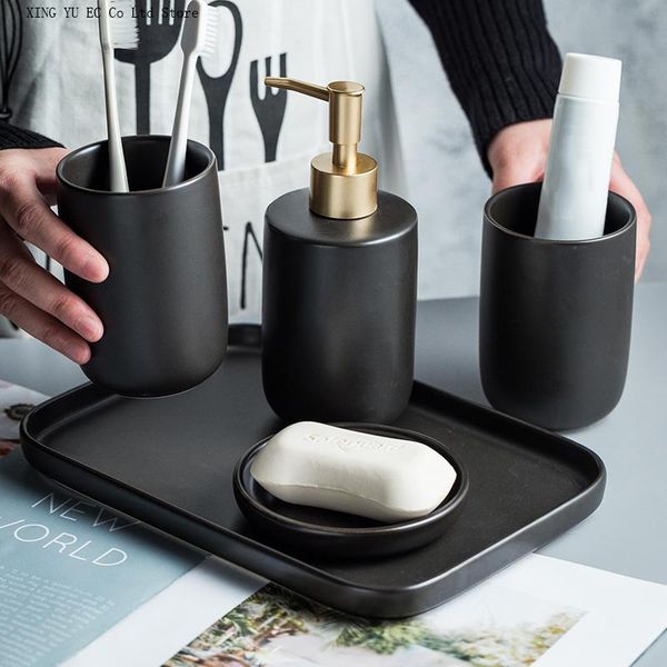 

bath accessory set ceramic wash bathroom decoration accessories lotion bottle soap dish mouthwash cup black tray household supplies