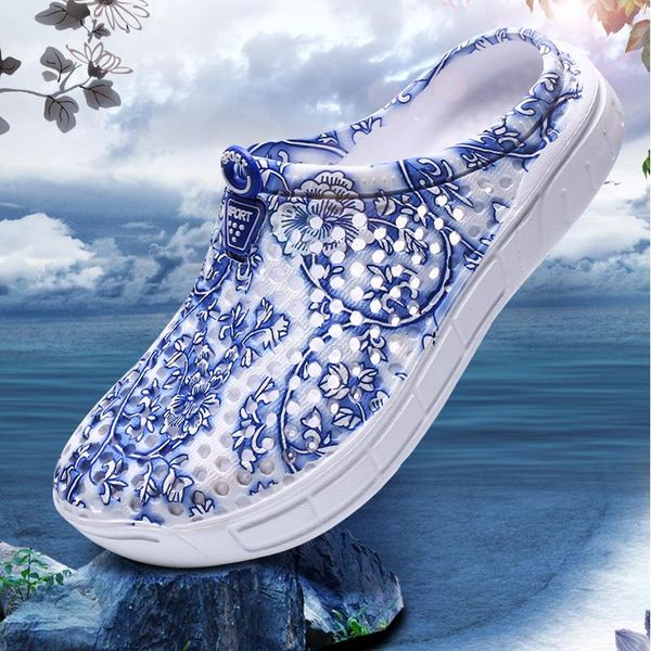 

slippers hengsong summer women beach blue and white print breathable mesh shoes for flip flop massage plus size 41, Black