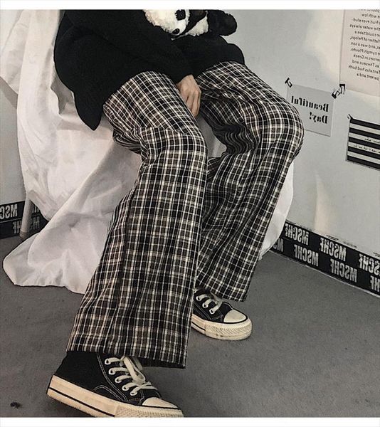 

pantalones de cuadros retro coreanos women capri japoneses para mujer, informales rectos cintura alta, hip hop, combina con todo, ropa, Black;white