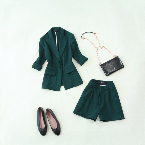 

women's suits & blazers summer suit female 2021 large size dark green 7 points sleeve small wide leg shorts two sets of thin linen loos, White;black