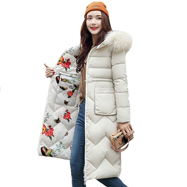 

both two sides can be wore women winter jacket arrival with fur hooded long coat cotton padded warm parka womens parkas 210923, Black