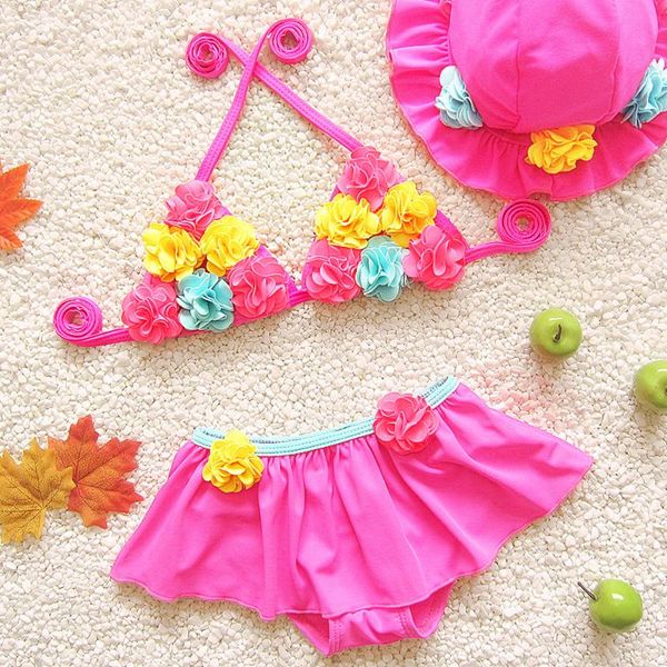 

baby girl summer bikini 3-piece swimsuit fashion children's flower suspender vest hats trouser skirt suit girl's swimming hat one-, Black