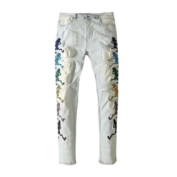 

men's jeans male trousers american high street tide brand washing hole embroidery skull motorcycle denim pants, Blue