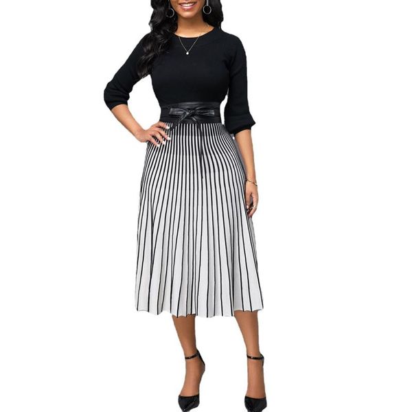 

casual dresses dress for women bow bodycon striped printed patchwork a-line belt office lady robe clothing, Black;gray