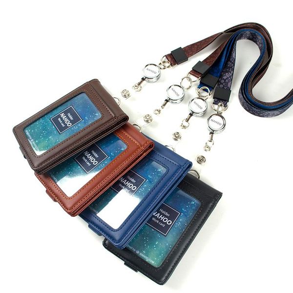 

retro genuine leather lanyards id badge holder flight crew business bank holders case personalized neck strap card, Brown;gray