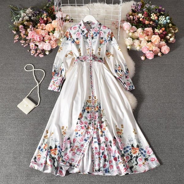 

casual dresses europe runway women autumn vintage printed white shirt dress robes single-breasted belt elegant party maxi long vestidos, Black;gray