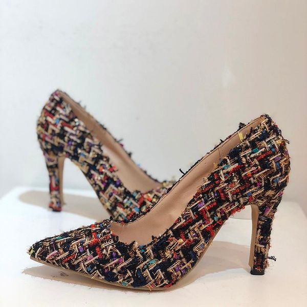 

dress shoes 9cm high heels women 2021 fashion cotton fabric pointed-toe slip-on party wedding black pumps plus size 43 wholesale