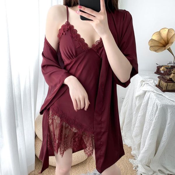 

women's sleepwear perspective 2pcs sleep set women kimono bathrobe gown satin nightdress lace intimate lingerie silky home clothes, Black;red
