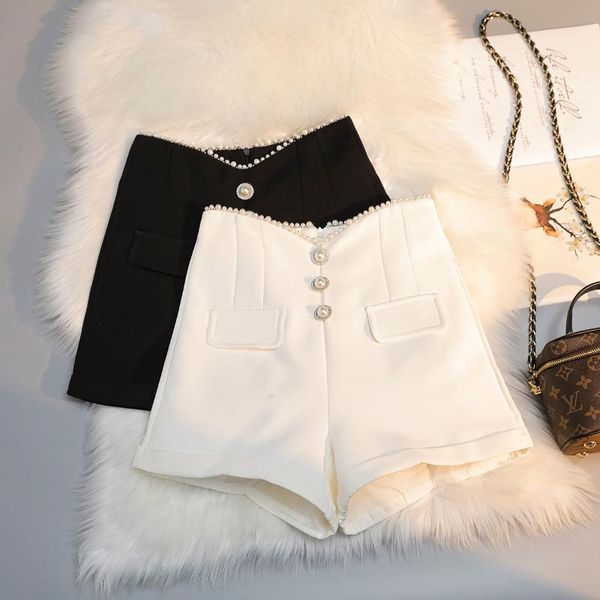 

women's shorts spring autumn fashion casual black white beaded high waist women elegant office ladies cotton short pants female bottoms, White;black