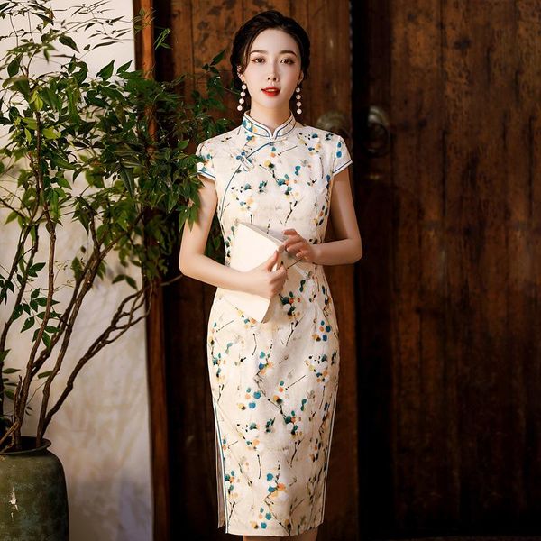 

ethnic clothing floral printed slim qipao side slit mandarin collar cheongsams summer elegant retro button chinese dresses party gown, Red