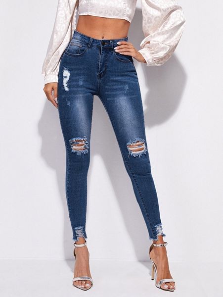 

high stretch raw hem ripped skinny jeans b17m#, Blue