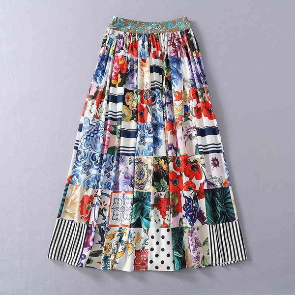 

european and american women's clothing 2021 spring pleated skirt with retro print patchwork pattern 3tgy, Black