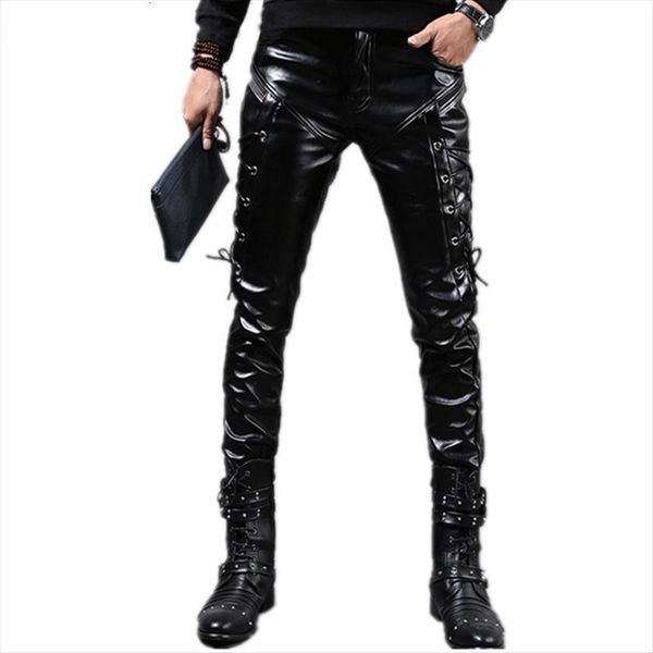 

men`s leather punk style women pant skinny lace up party stage performance night club steampunk faux pu trousers, Black