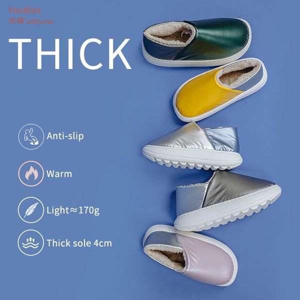 

youdiao winter slippers women man warm down cloth eva thick sole platform shoes plush heel wrap slipper for anti-slip, Black